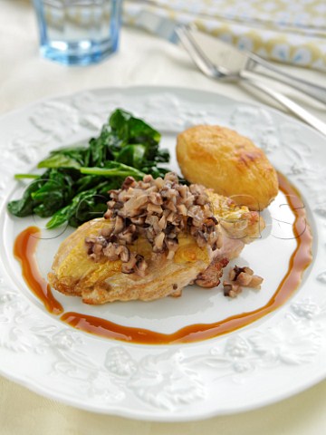 Roast Guinea Fowl with jacket potato and spinach