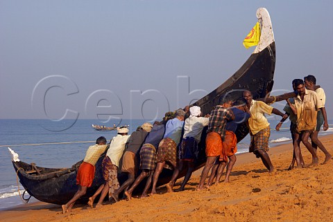 Fishermen hauling their boat up the beach north of Thiruvananthapuram Trivandrum Kerala India