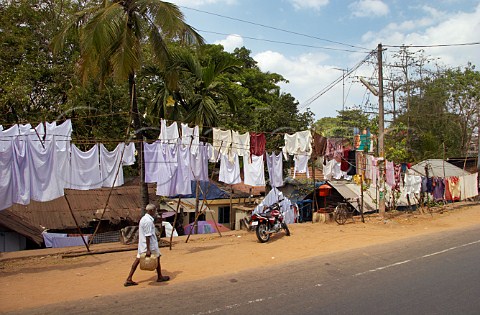Washing drying on lines by street Kerala India