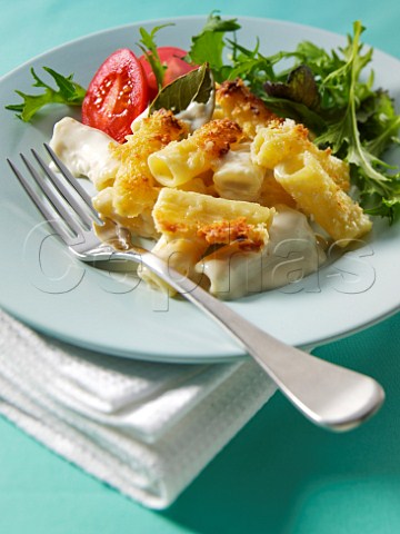 Macaroni cheese with tomato and rocket salad