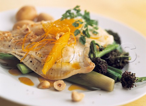 Plaice and peaches with boiled vegetables