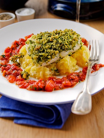 Cod with herb crumble crust and vegetables