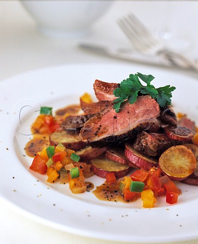 Duck and caponata Aubergine and red pepper relish