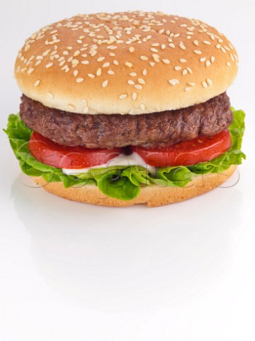Beefburger with salad in a sesame seed bread roll