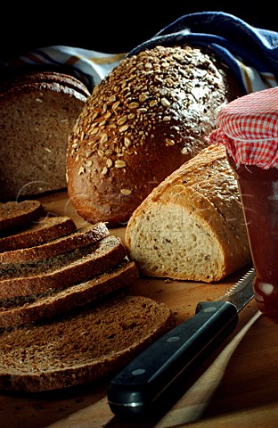 Granary wholemeal and seeded loaves with jam