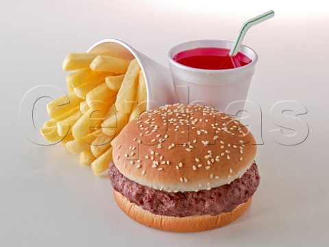 Beefburger with chips and cherry drink
