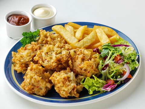 Pakoras with chips and salad