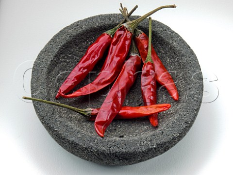 Dried chillies in a mortar
