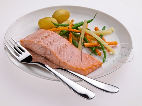 Poached salmon and vegetables