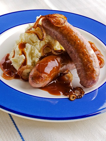 Sausage mash and fried onions with gravy