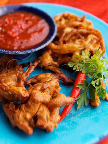 Onion Bhajis with red hot chilli dip