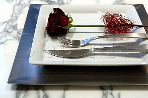 Square plate with knife fork and rose