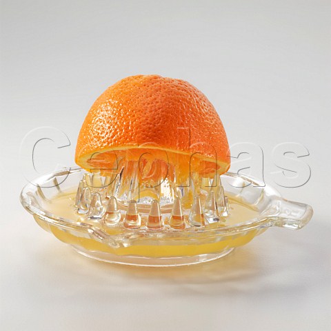 Half an orange on a glass juicer on a white background