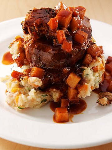 Beef fillet with diced carrots and mashed potato