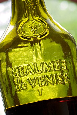 Closeup on bottle of Beaumes de Venise red wine