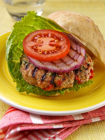 Chicken burger with salad and onion in a roll