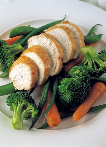 Sliced roast chicken and vegetables