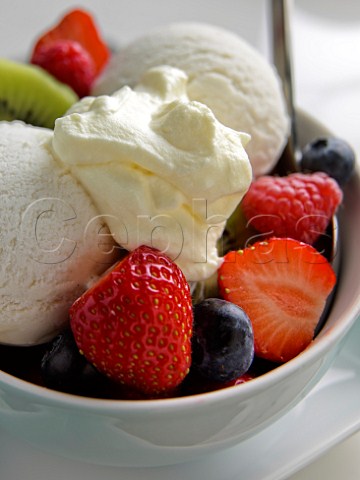 Fresh fruit with vanilla icecream and cream