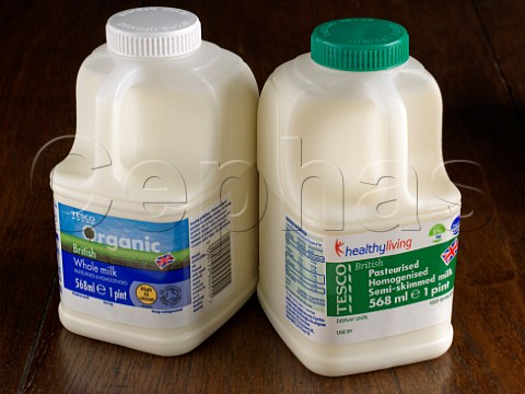 Organic and semi skimmedmilk in plastic pint bottles