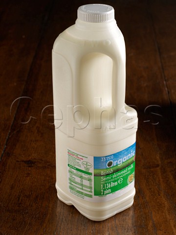 Organic semi skimmed milk in plastic two pint bottle