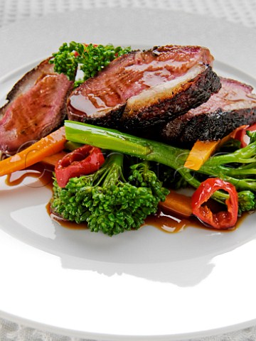 Pan fried duck breast with vegetables
