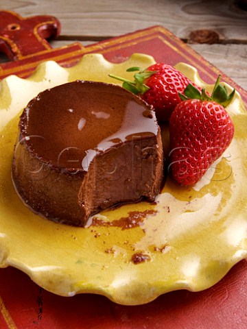 Mexican chocolate crme caramel with strawberries