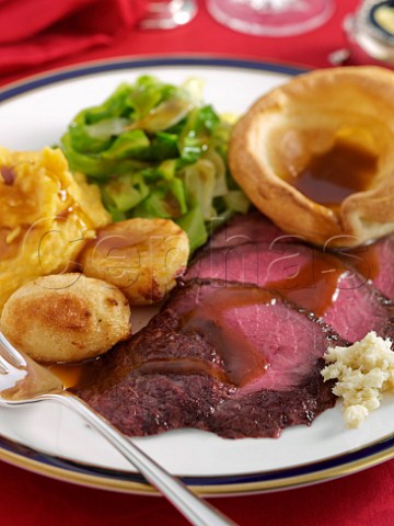 Roast beef Yorkshire pudding roast potatoes and greens