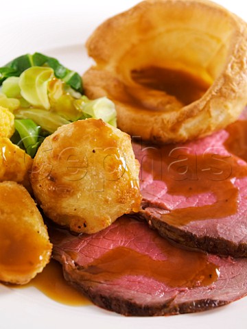 Roast beef Yorkshire pudding roast potatoes and greens