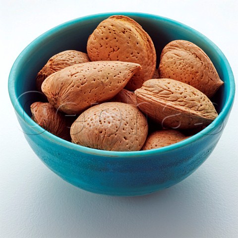 Turquoise bowl of almonds