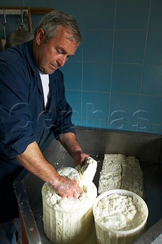Salvatore Tarantino making Pecorino cheese at Regaleali Tasca dAlmerita winery Vallelunga Pratameno Sicily Italy