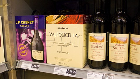 JP Chenet and Valpolicella Bag in boxes wine on sale in an English supermarket
