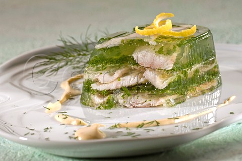 White fish and herbs in aspic jelly