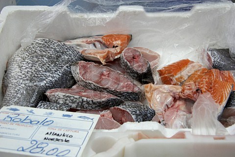 Fresh cuts of salmon for sale in fish shop Vila Nova de Milfontes Odemira Portugal