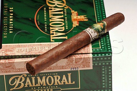 Closeup of box of Balmoral Royal Selection Corona cigars Dominican Republic