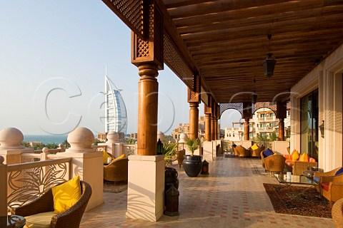 Al Qasr Hotel with Burj al Arab hotel beyond Jumeirah Beach Dubai United Arab Emirates