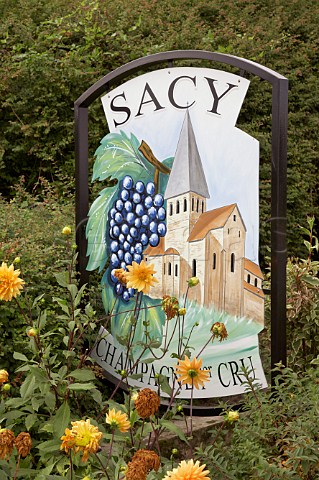 Sign at entrance to the wine village of Sacy to the southwest of Reims Marne France Champagne