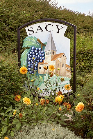 Sign at entrance to the wine village of Sacy to the southwest of Reims Marne France Champagne