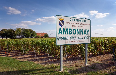 Sign by vineyard at entrance to village of Ambonnay Marne France Champagne