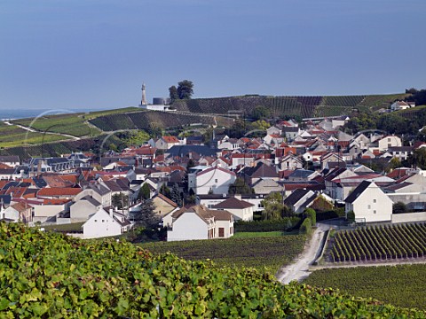 Village of Verzenay on the Montagne de Reims with its wine museum and restored lighthouse on the ridge Marne France Champagne
