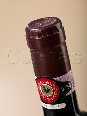 Gallo Nero Black Rooster and DOCG neck labels on bottle of Chianti Classico wine