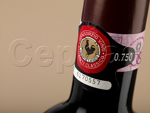 Gallo Nero Black Rooster and DOCG neck labels on bottle of Chianti Classico wine