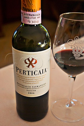 Bottle and glass of Perticaia Sagrantino di Montefalco Passito Umbria Italy
