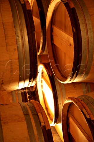 Stacked barrels in barrel cellar of Chteau GrandCorbinDespagne Stmilion Gironde France
