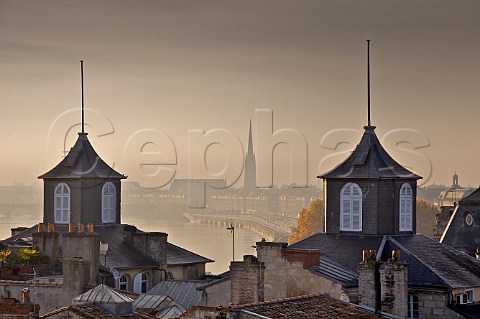 Rooftop towers with Pont de Pierre river Garonne and Cathedral StAndr in the background Bordeaux Gironde France