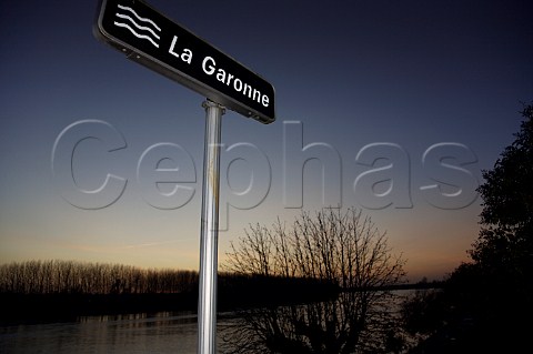Road sign for River Garonne at dusk Gironde France