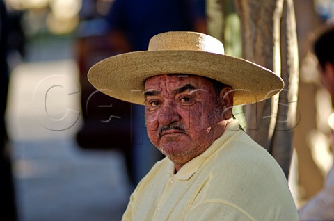 Man wearing a traditional Chupalla straw hat Lolol Colchagua Valley Chile