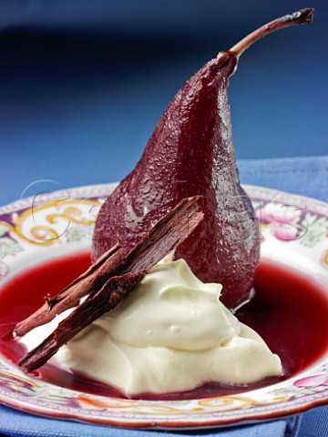 Red wine pear with crme frache
