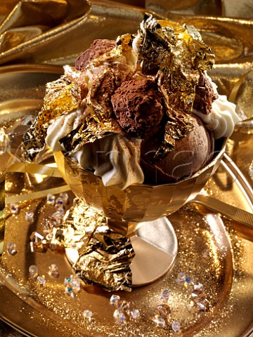 Extravagant gold leaf chocolate truffles and icecream dessert