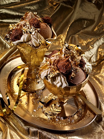 Extravagant gold leaf chocolate truffles and icecream dessert
