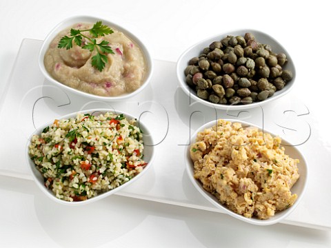Meze Capers houmous baba ganoush and tabouleh